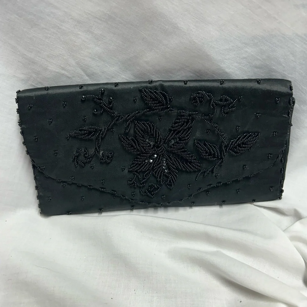 Nice Vintage Art Deco Clutch Black Beaded Sequin Satin Made In Hong Kong - Picture 3 of 9